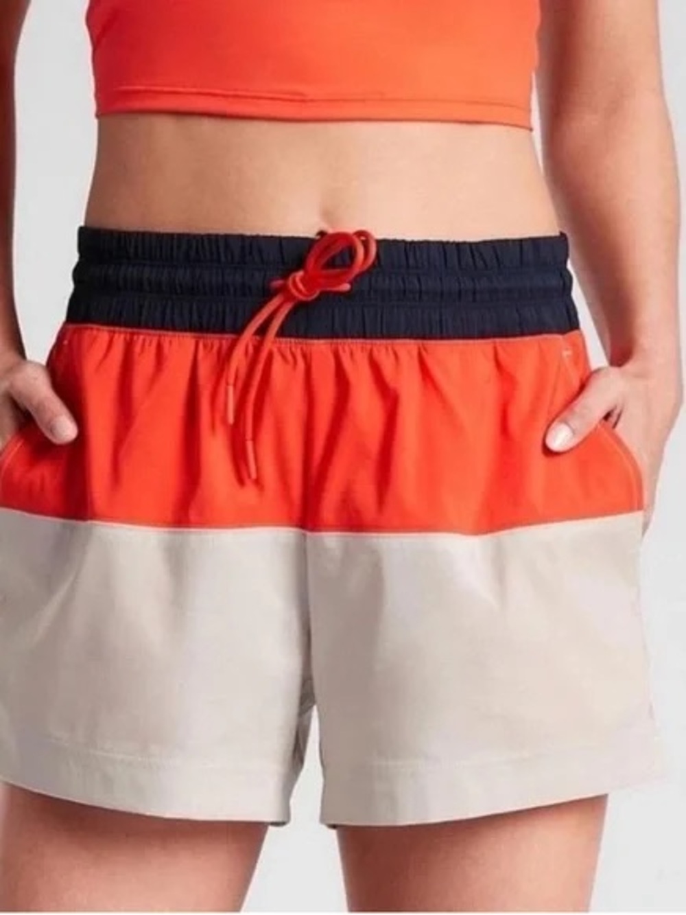 Athleta Drawstring Shorts in Orange, Navy & Cream